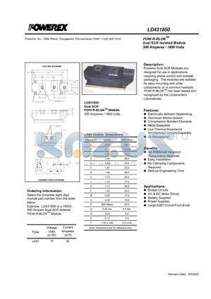LD431850 datasheet - POW-R-BLOK Dual SCR Isolated Module (500 Amperes / 1800 Volts)