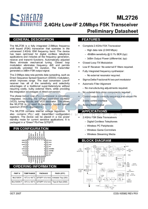 ML2726DH datasheet - 2.4GHz Low-IF 2.0Mbps FSK Transceiver