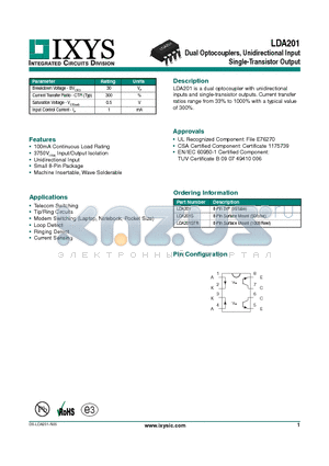 LDA201 datasheet - Dual Optocouplers, Unidirectional Input Single-Transistor Output