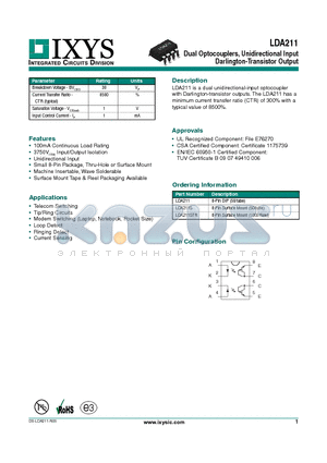 LDA211STR datasheet - Dual Optocouplers, Unidirectional Input Darlington-Transistor Output