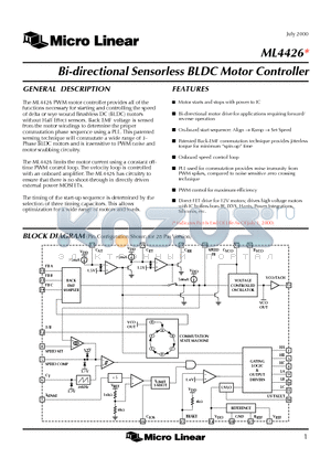 ML4426 datasheet - Bi-directional Sensorless BLDC Motor Controller