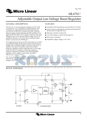 ML4761 datasheet - Adjustable Output Low Voltage Boost Regulator