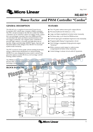 ML4819CP datasheet - Power Factor and PWM Controller Combo