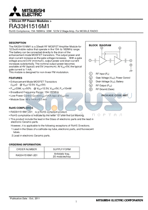 RA33H1516M1_11 datasheet - RoHS Compliance, 154-162MHz 33W 12.5V 2 Stage Amp. For MOBILE RADIO