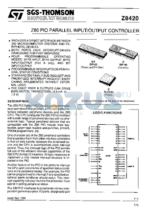 Z8420D datasheet - Z80 PIO PARALLEL INPUT/OUTPUT CONTROLLER