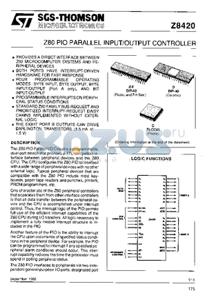 Z8420C1 datasheet - Z80 PIO PARALLEL INPUT/OUTPUT CONTROLLER