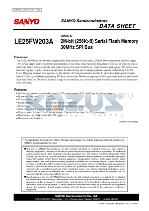 LE25FW203A datasheet - CMOS IC 2M-bit (256K8) Serial Flash Memory 30MHz SPI Bus