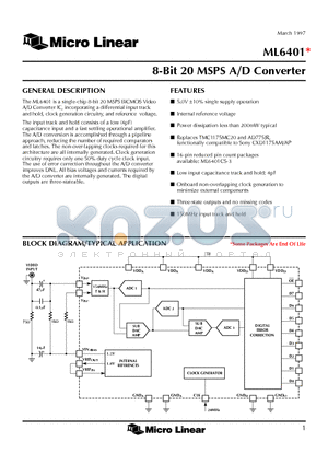 ML6401 datasheet - 8-Bit 20 MSPS A/D Converter