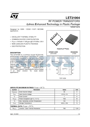 LET21004 datasheet - RF POWER TRANSISTORS Ldmos Enhanced Technology in Plastic Package