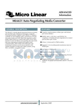 ML6651 datasheet - Auto-Negotiating Media Converter