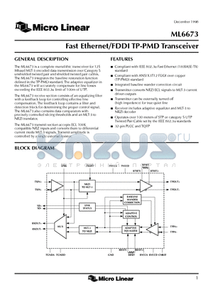 ML6673CQ datasheet - Fast Ethernet/FDDI TP-PMD Transceiver