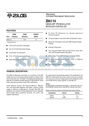 Z86116 datasheet - CMOS Z8  PN MODULATOR WIRELESS CONTROLLER