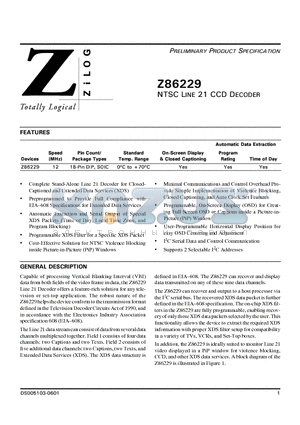 Z86229 datasheet - NTSC LINE 21 CCD DECODER