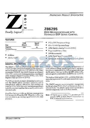 Z86295 datasheet - HDD MICROCONTROLLER WITH ENHANCED DSP SERVO CONTROL