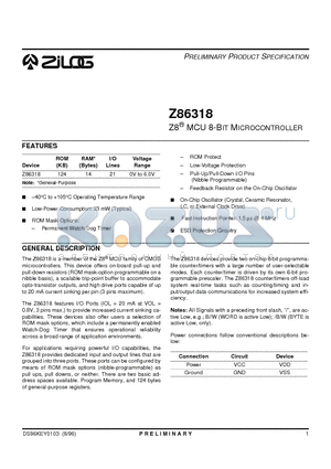 Z86318 datasheet - Z8 MCU 8-BIT MICROCONTROLLER