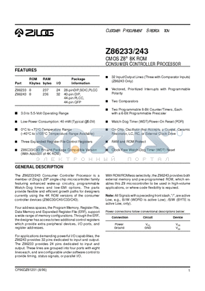 Z86233 datasheet - CMOS Z8 8K ROM CONSUMER CONTROLLER PROCESSOR