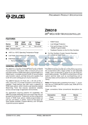 Z8631804SSC datasheet - Z8 MCU 8-BIT MICROCONTROLLER