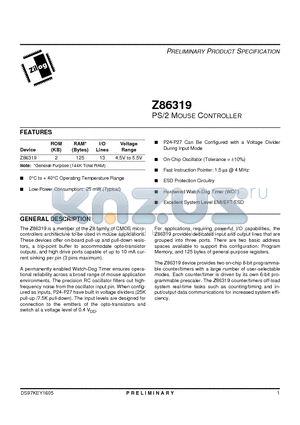 Z8631904PSC datasheet - PS/2 MOUSE CONTROLLER