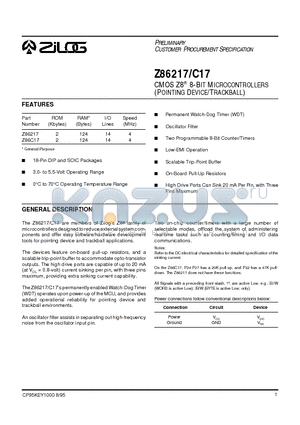 Z86217 datasheet - CMOS Z8  8-BIT MICROCONTROLLERS (POINTING DEVICE/TRACKBALL)