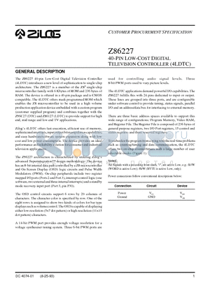 Z86227 datasheet - 40-PIN LOW-COST DIGITAL TELEVISION CONTROLLER (4LDTC)