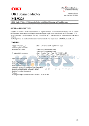 ML9226GA datasheet - 32-Bit Duplex/Triplex VFD Controller/Driver with Digital Dimming, ADC and Keyscan