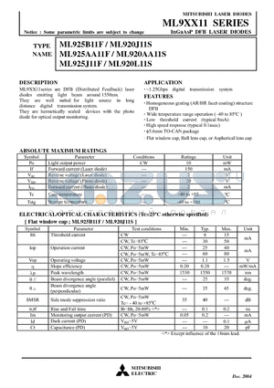 ML925J11F datasheet - Notice : Some parametric limits are subject to change InGaAsP DFB LASER DIODES