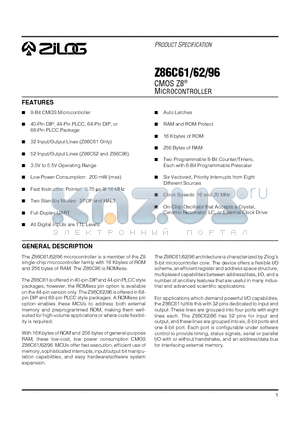 Z86C62 datasheet - CMOS Z8 MICROCONTROLLER