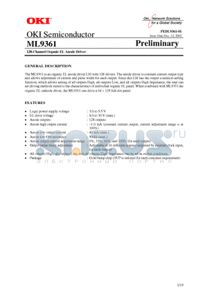 ML9361 datasheet - 128-Channel Organic EL Anode Driver