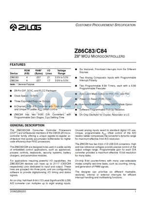 Z86C8416PSC datasheet - Z8 MCU MICROCONTROLLERS