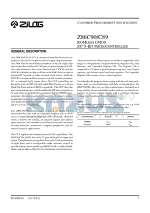 Z86C90 datasheet - ROMLESS CMOS Z8 8-BIT MICROCONTROLLER
