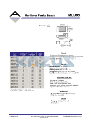 MLB03-800-RC datasheet - Multilayer Ferrite Bead s