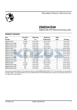 Z86E0412PSC1903 datasheet - CMOS Z8 OTP MICROCONTROLLERS