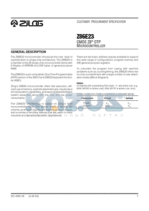 Z86E23 datasheet - CMOS Z8 OTP MICROCONTROLLER