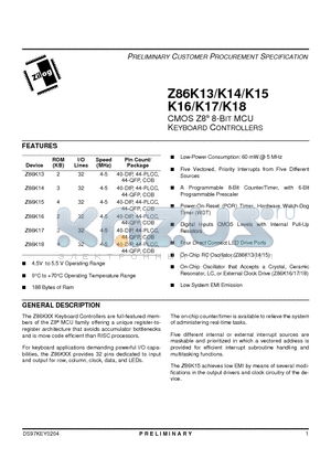 Z86K17 datasheet - CMOS Z8 8-Bit MCU Keyboard Controllers