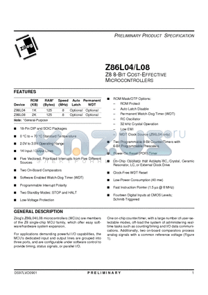 Z86L04 datasheet - Z8 8-Bit Cost-Effective Microcontrollers