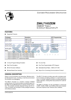 Z86L7103ZEM datasheet - ICEBOX FAMILY IN-CIRCUIT EMULATOR-L71