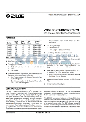 Z86L88 datasheet - IR/Low-Voltage Microcontroller