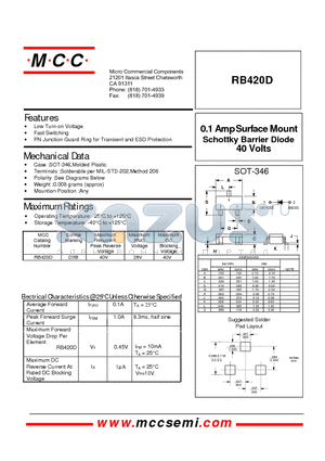 RB420D datasheet - 40 Volts 0.1 Amp Surface Mount Schottky Barrier Diode