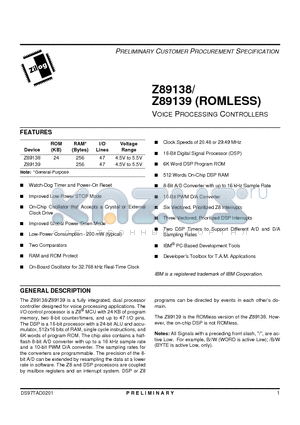 Z89138 datasheet - Voice Processing Controllers