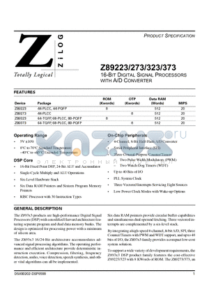 Z89273 datasheet - 16-BIT DIGITAL SIGNAL PROCESSORS WITH A/D CONVERTER