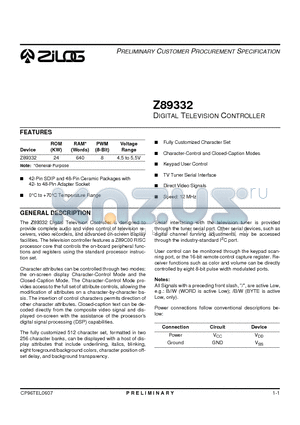 Z89332 datasheet - Digital Television Controller