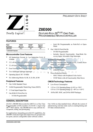 Z8E00010HSC datasheet - FEATURE-RICH Z8 PLUS ONE-TIME-PROGRAMMABLE MICROCONTRONLLER