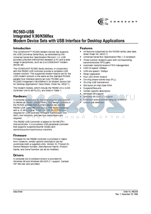 RC56SP-USB datasheet - INTEGRATED V.90/K56FLEX MODEM DEVICE SETS WITH USB INTERFACE FOR DESKTOP APPLICATIONS