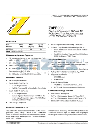 Z8PE003PZ010SC datasheet - FEATURE-ENHANCED Z8PLUS 1K ROM ONE-TIME PROGRAMMABLE (OTP) MICROCONTROLLER