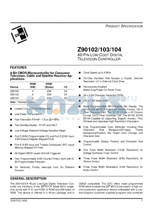Z90103 datasheet - 40-Pin Low-Cost Digital Television Controller