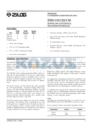 Z90110 datasheet - 40-PIN LOW-COST DIGITAL TELEVISION CONTROLLER
