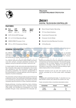 Z90341 datasheet - DIGITAL TELEVISION CONTROLLER