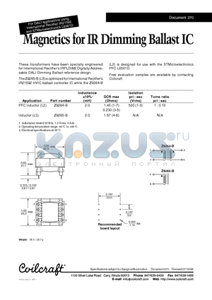 Z9265-B datasheet - Magnetics for IR Dimming Ballast IC