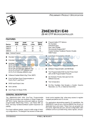 Z96E3016PEC datasheet - Z8 4K OTP Microcontroller