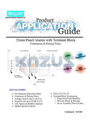 ZA016SDCT datasheet - 22mm Panel Alarms with Terminal Block